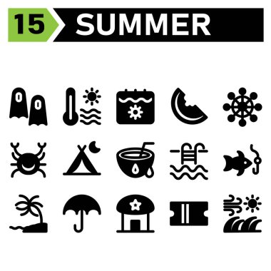 Summer icon set include flippers, swim fish, summer, vacation, diving, temperature, hot, sun, weather, calendar, date, holiday, watermelon, fruit, journey, food, sail, navigation, wheel,direction,crab