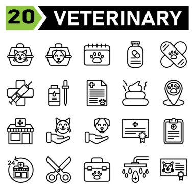 Veterinary icon set include carrier, vet, pet, box, cat, dog, calendar, appointment, veterinary, schedule, medication, supplement, vitamin, vaccine, bandied, clinic, medic, syringe, virus, flee