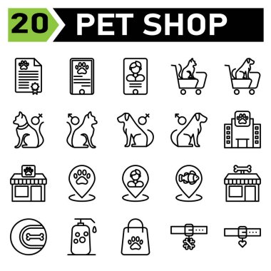 pet shop icon set include certificate, animal, pet, shop, passport, phone, pet shop, cat, dog, doctor, veterinary, trolly, gender, female, male, hospital, building, paw, food, pin, map, fish, bone