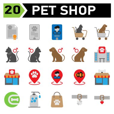 pet shop icon set include certificate, animal, pet, shop, passport, phone, pet shop, cat, dog, doctor, veterinary, trolly, gender, female, male, hospital, building, paw, food, pin, map, fish, bone
