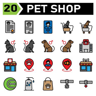pet shop icon set include certificate, animal, pet, shop, passport, phone, pet shop, cat, dog, doctor, veterinary, trolly, gender, female, male, hospital, building, paw, food, pin, map, fish, bone