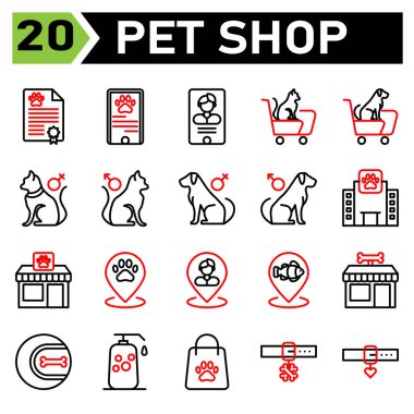 pet shop icon set include certificate, animal, pet, shop, passport, phone, pet shop, cat, dog, doctor, veterinary, trolly, gender, female, male, hospital, building, paw, food, pin, map, fish, bone