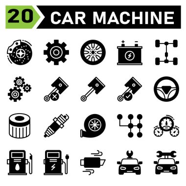 car machine icon set include brake, disc, brakes, automobile, service, gear, part, setting, cog, cog wheel, wheel, tires, car, assembling, tire, machine, battery, accumulator, repair, piston, forces