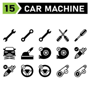 car machine icon set include tools, tool, wrench, setting, car, screwdriver, lift, service, maintenance, automobile, handbrake, brake, turbo, machine, engine, accept, broken, spark, plug, mechanic