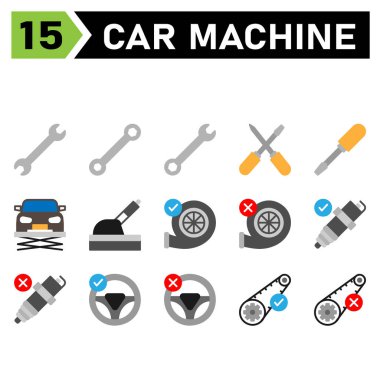 car machine icon set include tools, tool, wrench, setting, car, screwdriver, lift, service, maintenance, automobile, handbrake, brake, turbo, machine, engine, accept, broken, spark, plug, mechanic