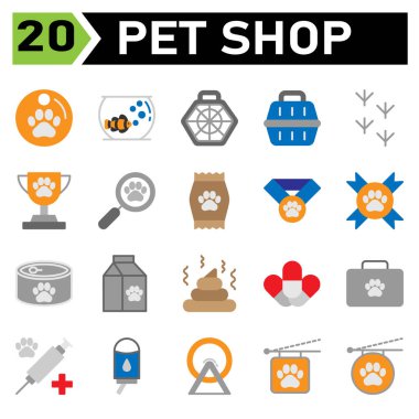 pet shop icon set include medal, pet, paw, pets, animal, goldfish, aquarium, fish, cage, cat, dog, carrier, carry, bird, mark, trace, feet, trophy, award, reward, contest, search, magnify, find, food