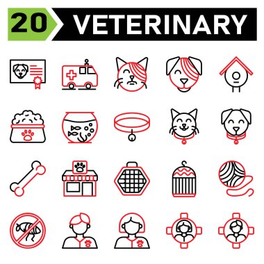 Veterinary icon set include certificate, vaccine, animal, pet, dog , ambulance, car, rescue, pet, animal rescue, bandage, cat, pet, vet, veterinary, bandage, dog, pet, vet, veterinary, birdhouse, nest