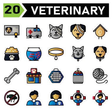 Veterinary icon set include certificate, vaccine, animal, pet, dog , ambulance, car, rescue, pet, animal rescue, bandage, cat, pet, vet, veterinary, bandage, dog, pet, vet, veterinary, birdhouse, nest