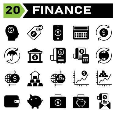 Finance icon set include head, money, dollar, business, rich, tag, label, price, shopping, phone, mobile, cell, investment, calculator, finance, accounting, math, refund, cash, flow, protect, market