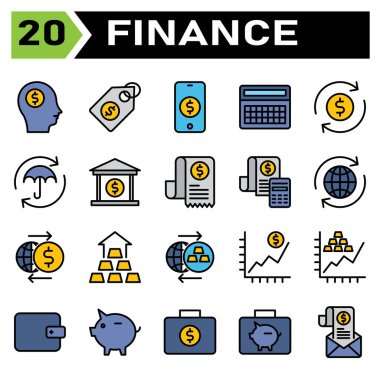Finance icon set include head, money, dollar, business, rich, tag, label, price, shopping, phone, mobile, cell, investment, calculator, finance, accounting, math, refund, cash, flow, protect, market