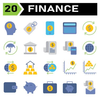 Finance icon set include head, money, dollar, business, rich, tag, label, price, shopping, phone, mobile, cell, investment, calculator, finance, accounting, math, refund, cash, flow, protect, market