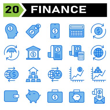 Finance icon set include head, money, dollar, business, rich, tag, label, price, shopping, phone, mobile, cell, investment, calculator, finance, accounting, math, refund, cash, flow, protect, market
