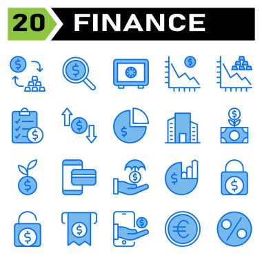 Finance icon set include conversion, exchange, currency, money, gold, search, magnifier, dollar, investment, bank, safe, security, saving, finance, decrease, graph, statistic, document, purchase