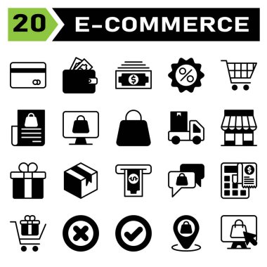 E commerce icon set include e commerce, money, wallet, finance, dollar, discount, price, sale, percent, trolley, buy, chart, shopping, bill, computer, cart, shop, online, bag, truck, delivery, car