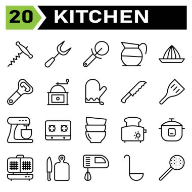 Kitchen equipment icon set include corkscrew, bottle, opener, wine, equipment, carving, carve, fork, kitchen, utensil, cutter, pizza, cut, coffee, decanter, pot, drink, press, squeezer, lemon, citrus