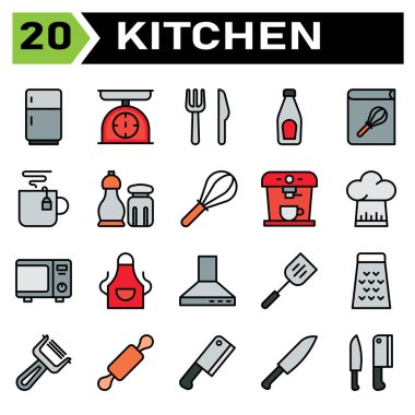 Kitchen equipment icon set include refrigerator, fringe, kitchen, equipment, scales, scale, weight, fork, knife, cutlery, bottle, sauce, tomato, ketchup, recipe, book, cook, cookbook, cooking, coffee