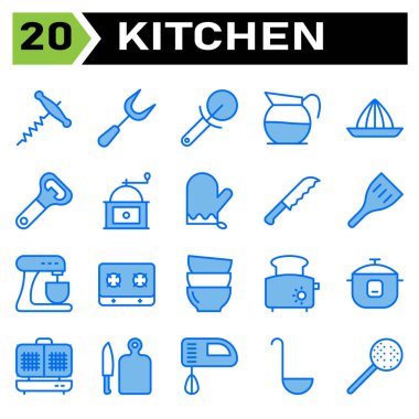 Kitchen equipment icon set include corkscrew, bottle, opener, wine, equipment, carving, carve, fork, kitchen, utensil, cutter, pizza, cut, coffee, decanter, pot, drink, press, squeezer, lemon, citrus
