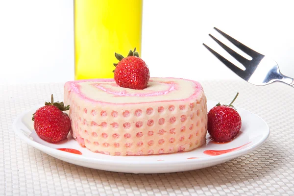 Strawberry Roll Cake in plate with fork — Stock Photo, Image