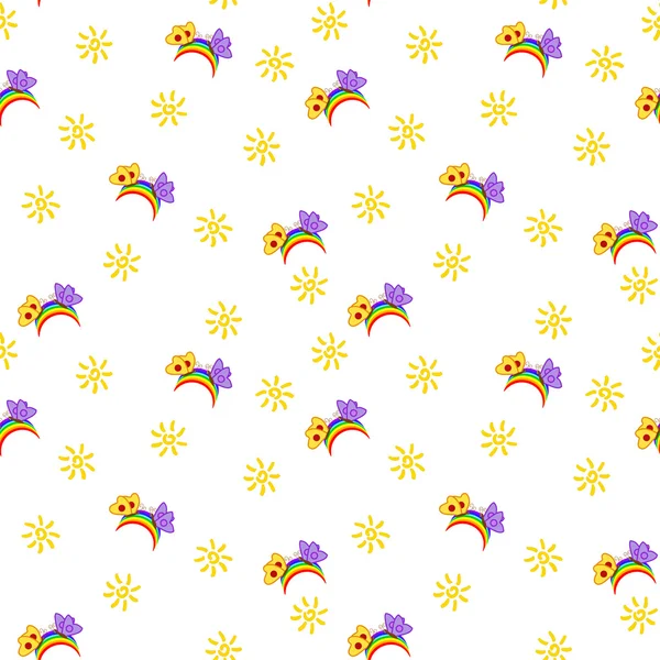 Vector seamless pattern with sun, rainbow and butterflies — Stock Vector