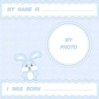Baby frame with smiling bunny in blue tones. Vector eps 10. clipart