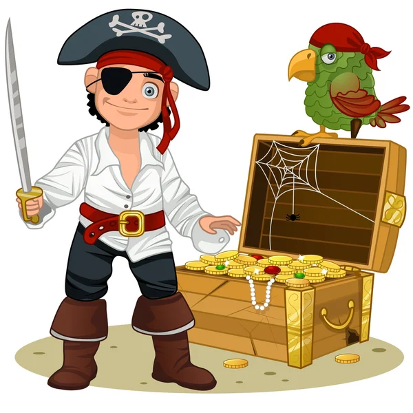 Charakter pirát poklad a legrační papoušek — Stockový vektor
