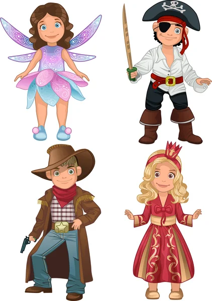 Cute tonåringar i kostymer av pirat, fairy, cowboy och prinsessan — Stock vektor