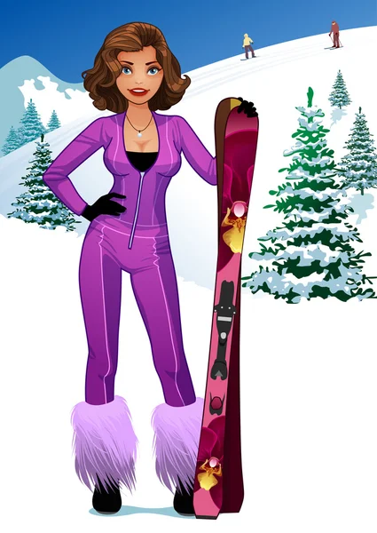 A young pretty girl with skis — Stock Vector