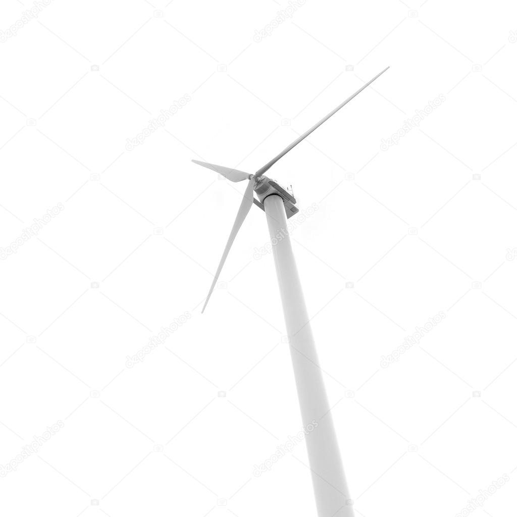 Eco-friendly wind turbine seen from below on white background.