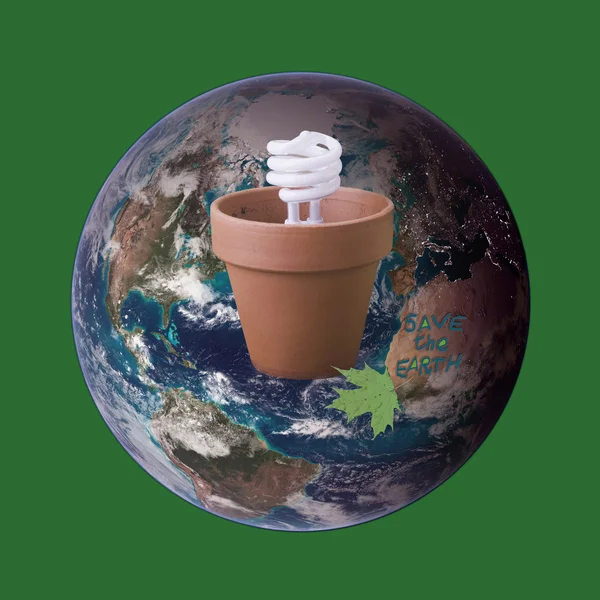 Ecofriendly compact fluorescent bulb in clay pot on earth globe Earth Day and environmental concepts Stock Image