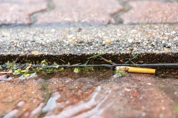 Een Sigarettenpeuk Voor Een Bord Steen Regen Selectieve Focus — Stockfoto