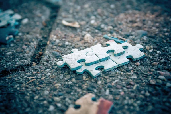 Blue Puzzle Pieces Road Selective Focus —  Fotos de Stock