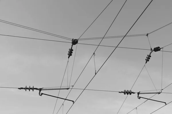 Lignes Électriques Une Ligne Chemin Fer Noir Blanc — Photo