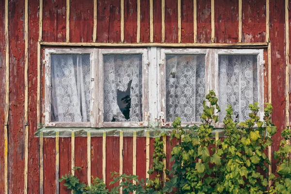 Uma Cabana Madeira Rústica Finlandesa Com Janela Cortinas Verão — Fotografia de Stock