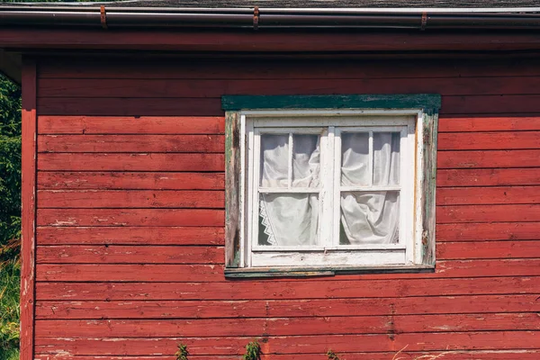 Rustic Finnish Wooden Hut Window Curtains Summer — ストック写真