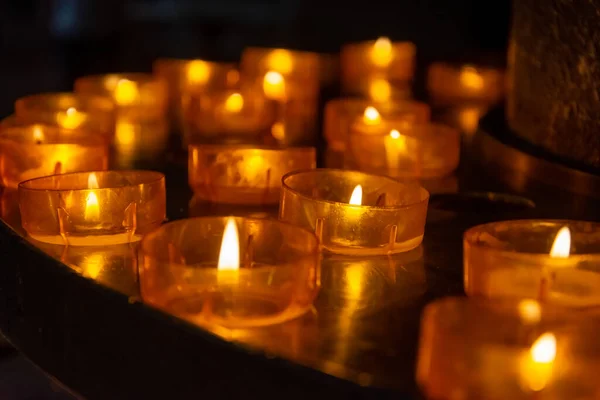 Many Beautiful Burning Tealights Closeup View — Photo