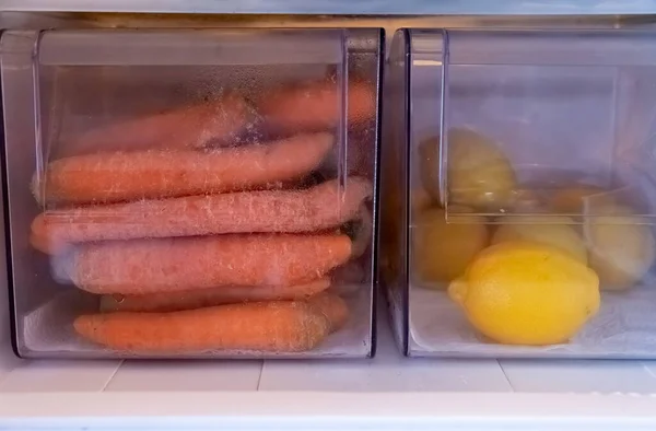 Carrots Lemons Vegetable Compartment Cold Refrigerator — Stock Photo, Image