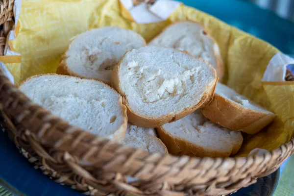 Sliced White Bread Wooden Basket Selective Focus — Stockfoto
