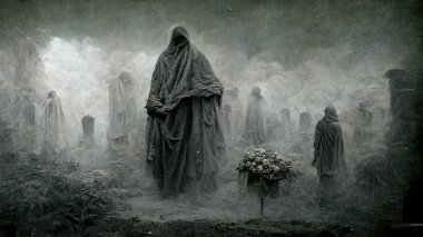 death in the fog as a black and white illustration picture