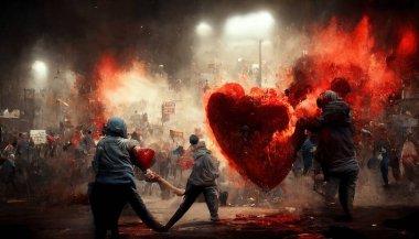 an illustrative representation of a street battle with burning heart