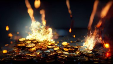 illustrative representation of gold coins being melted down in the fire