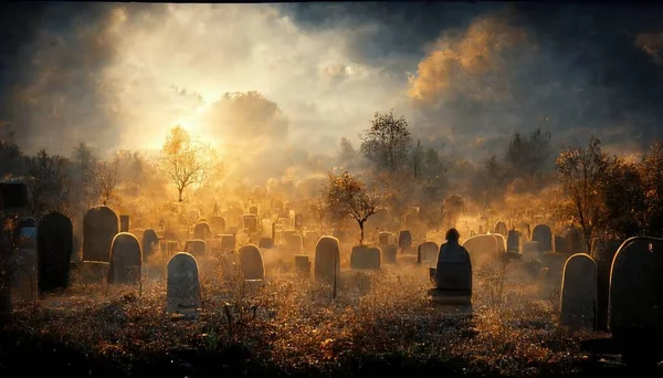 Illustration Cemetery Sunset Fog — Stock Fotó