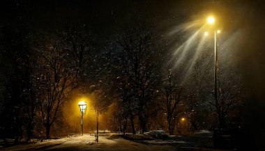 an illustrative representation of a street with lantern in winter