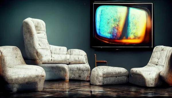 an abstract illustration of sofas in front of a tv set