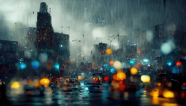 an illustrative representation of a big city at night in the rain