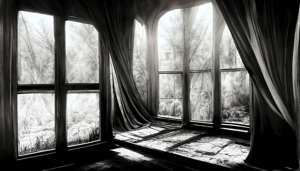 Illustration Old Window Curtains Black White — Fotografia de Stock