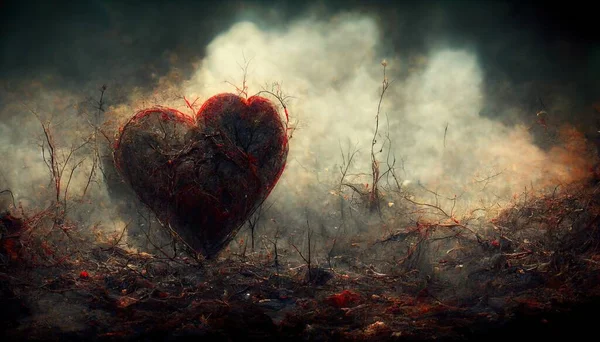a illustration of a heart on a burnt battlefield