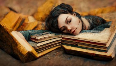 a illustration of a woman sleeping on books