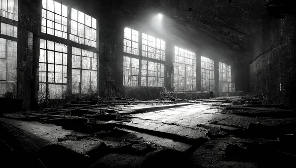 an illustration of a dark scary abandoned factory floor in black and white