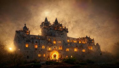 a illustration of a castle in the sunset