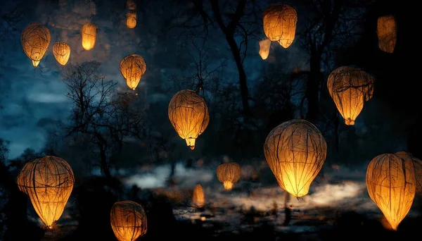 a illustration of luminous lanterns in the night sky